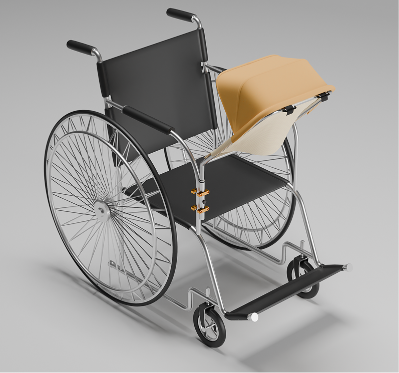 Render do assento infantil para cadeirantes, vista 1