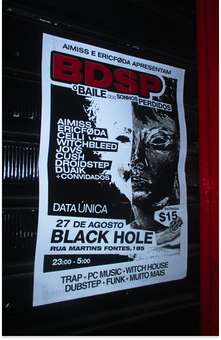 Cartaz da festa BDSP fotografado à noite na rua