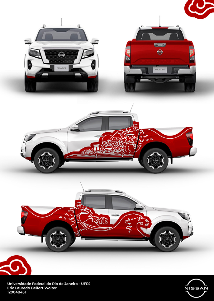 Prancha técnica do projeto com mockups da ilustração aplicada na Nissan Frontier