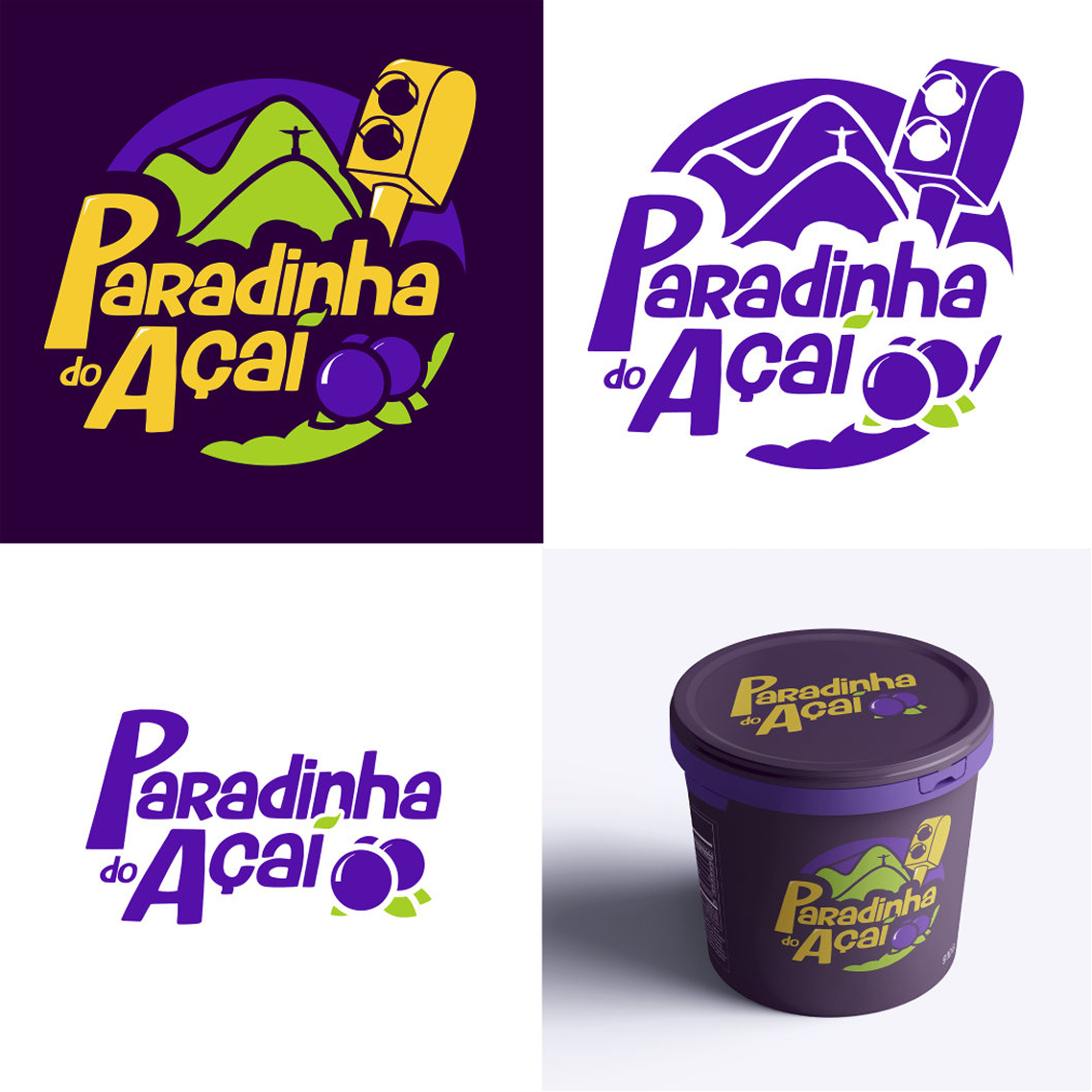 Aplicações da marca Paradinha do Açaí em variações de cor e embalagem