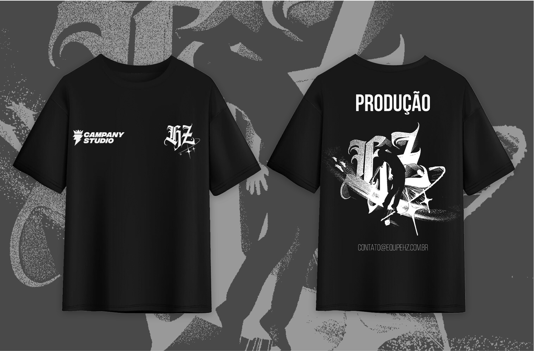 Mockup de camisetas pretas com a arte do uniforme da equipe do artista HZ